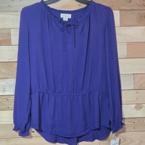 NWT Liz Claiborne Purple Boho Peasant Blouse Tie Neck Flowy Long Sleeve